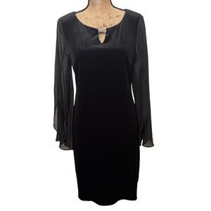 Connected Apparel Black Velvet Shift Dress Sheer Tulip Sleeve‎ Witchy LBD Size 6